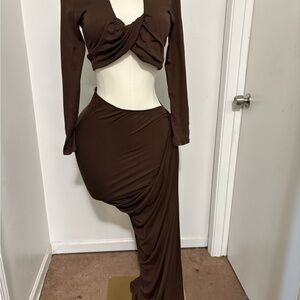 Women's Brown Draped Maxi Skirt Set - Chic Asymmetric Silhouette NWT XL